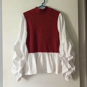 ANTHROPOLOGIE Red + White Puff Sleeve Sweater M